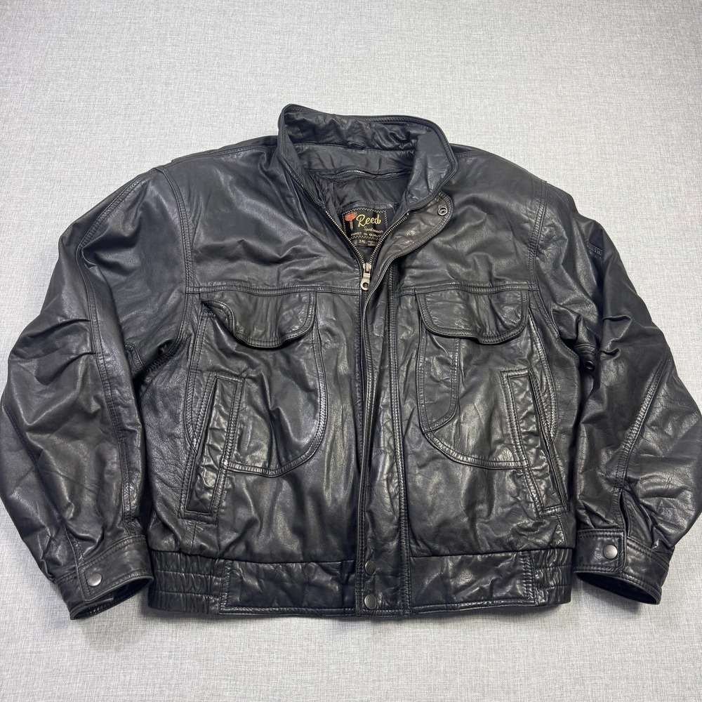 Reed Sportswear Leather Bomber Jacket Mens 40 Black Lined Insulated Pockets